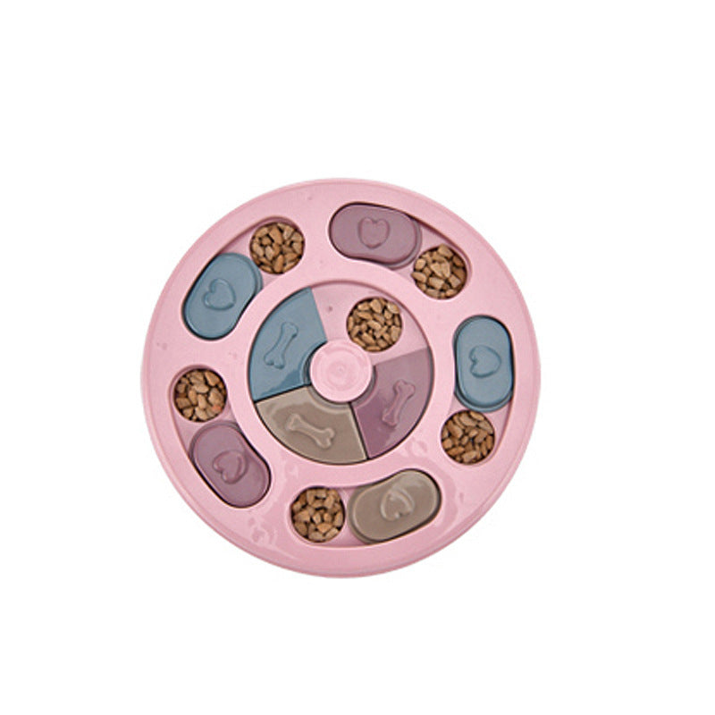 Pink pet puzzle toy with multiple compartments on a white background