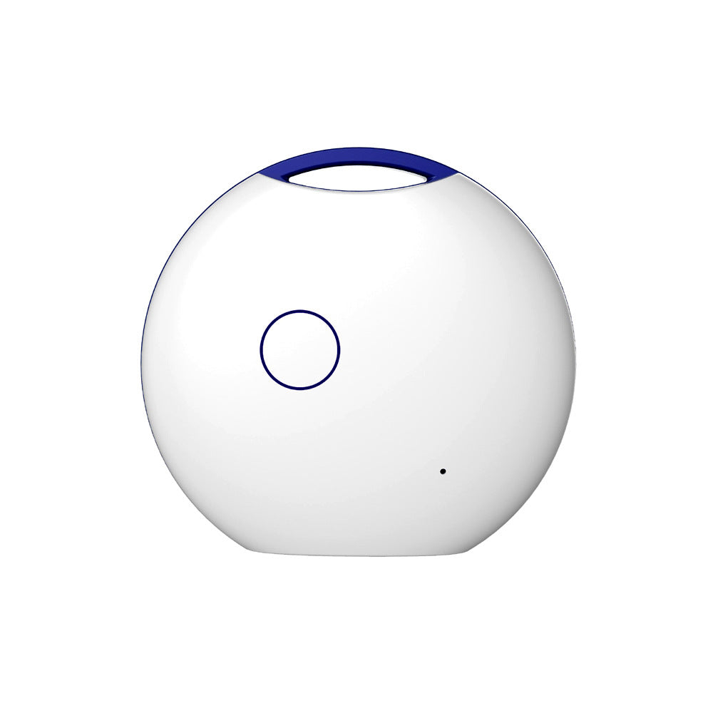 Round white device with a blue handle on a white background