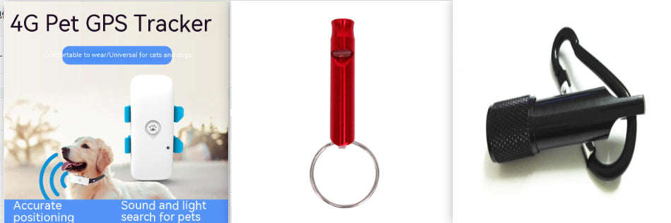 4G Pet GPS Tracker with packaging, red flashlight, and black device on a white background