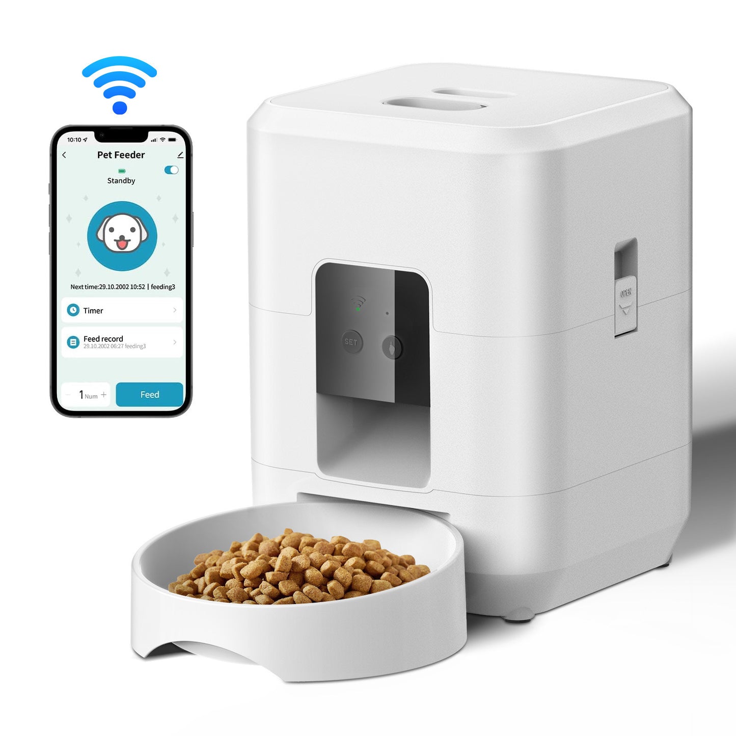White pet feeder with bowl of food and smartphone app on a white background