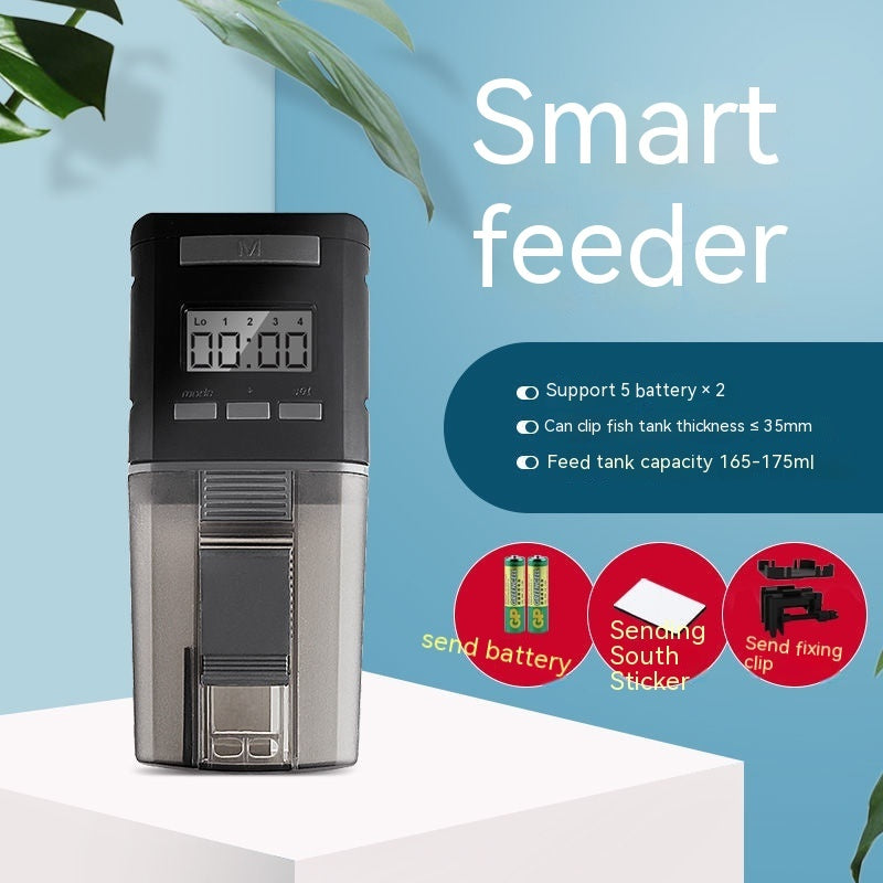 Smart feeder with digital display on a light blue background