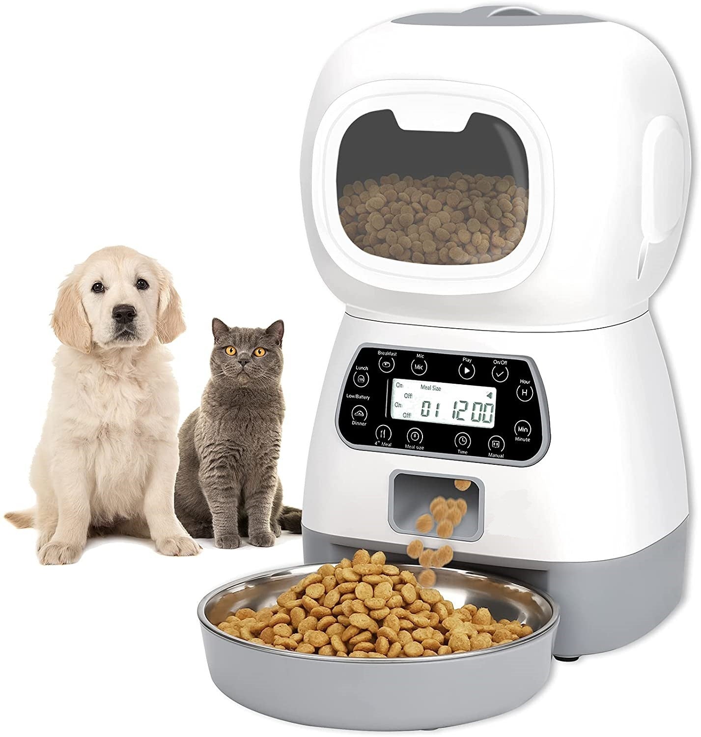 Pet food dispenser with a dog and cat sitting next to it on a white background