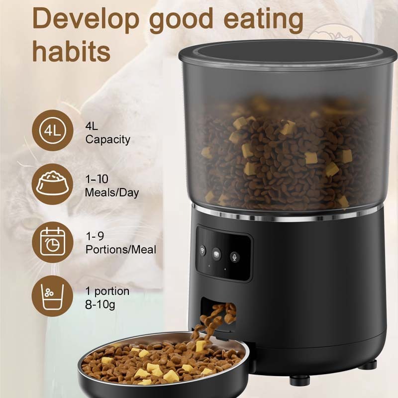 Black pet food dispenser with a bowl of dry cat food, featuring product details on a beige background.