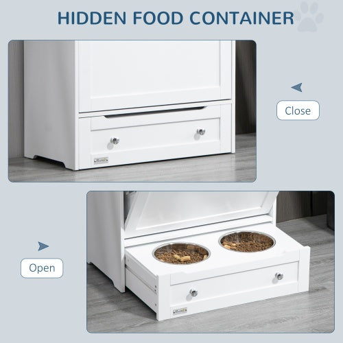 Hidden food container with a drawer opened to reveal pet food bowls.