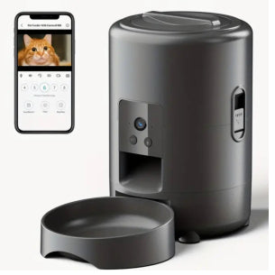 Pet feeder with smartphone app interface on a white background