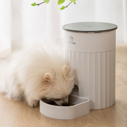 White pet feeder with a small white dog eating from it on a light wooden floor.