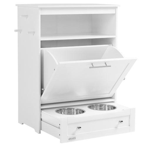 White pet food storage cabinet with two stainless steel bowls inside, on a white background