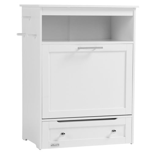 White cabinet with a drawer and glass panel on a white background