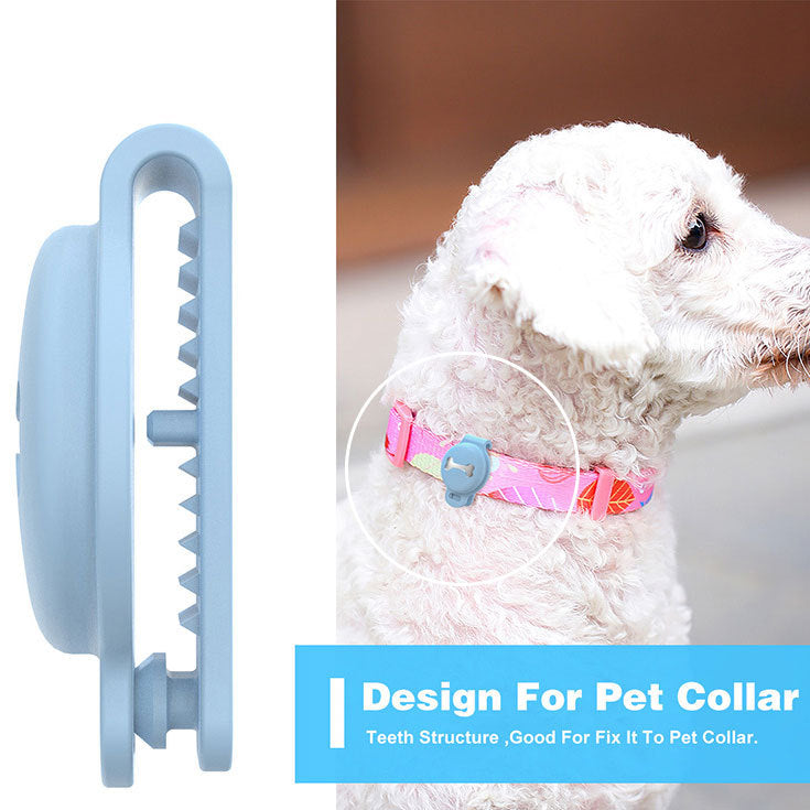 Pet grooming tool with a dog wearing a colorful collar on a white background
