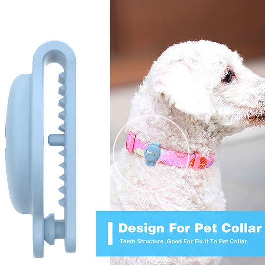Pet grooming tool with a dog wearing a colorful collar on a white background