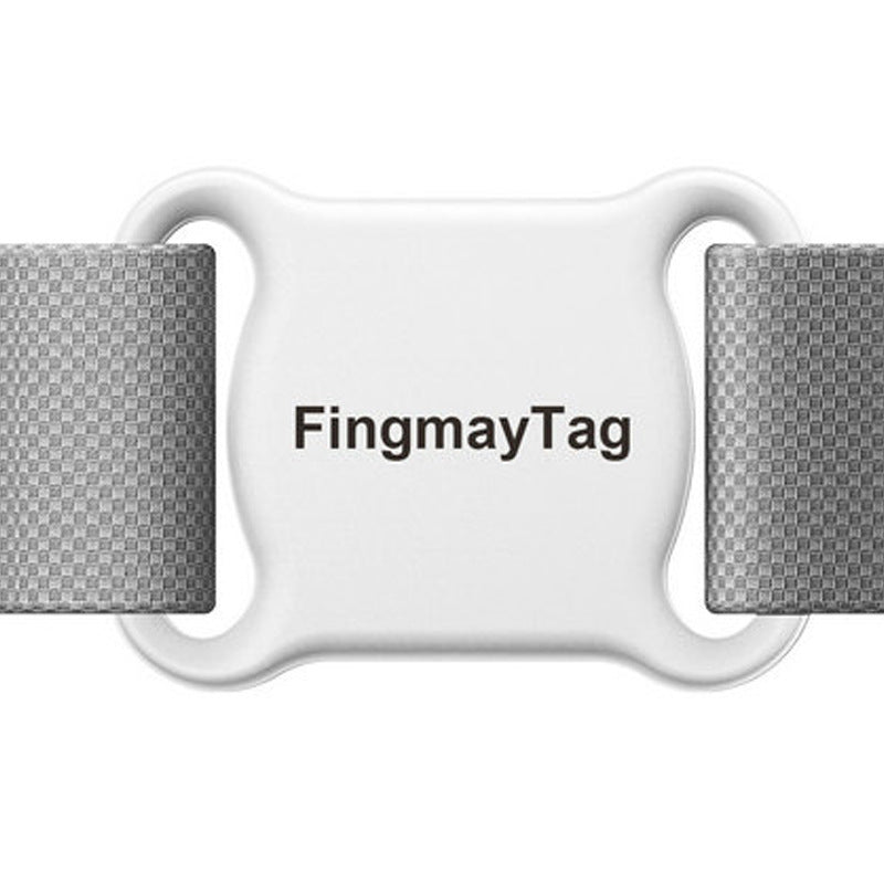 Smart Pet GPS Locator by FingmayTag in white ABS casing, compact 45x33mm size, attached to a grey pet collar for real-time tracking.