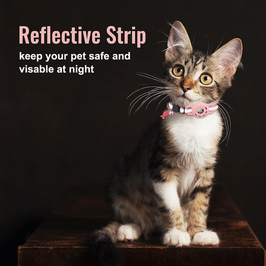 Cat wearing a reflective strip on a dark background with text about safety.