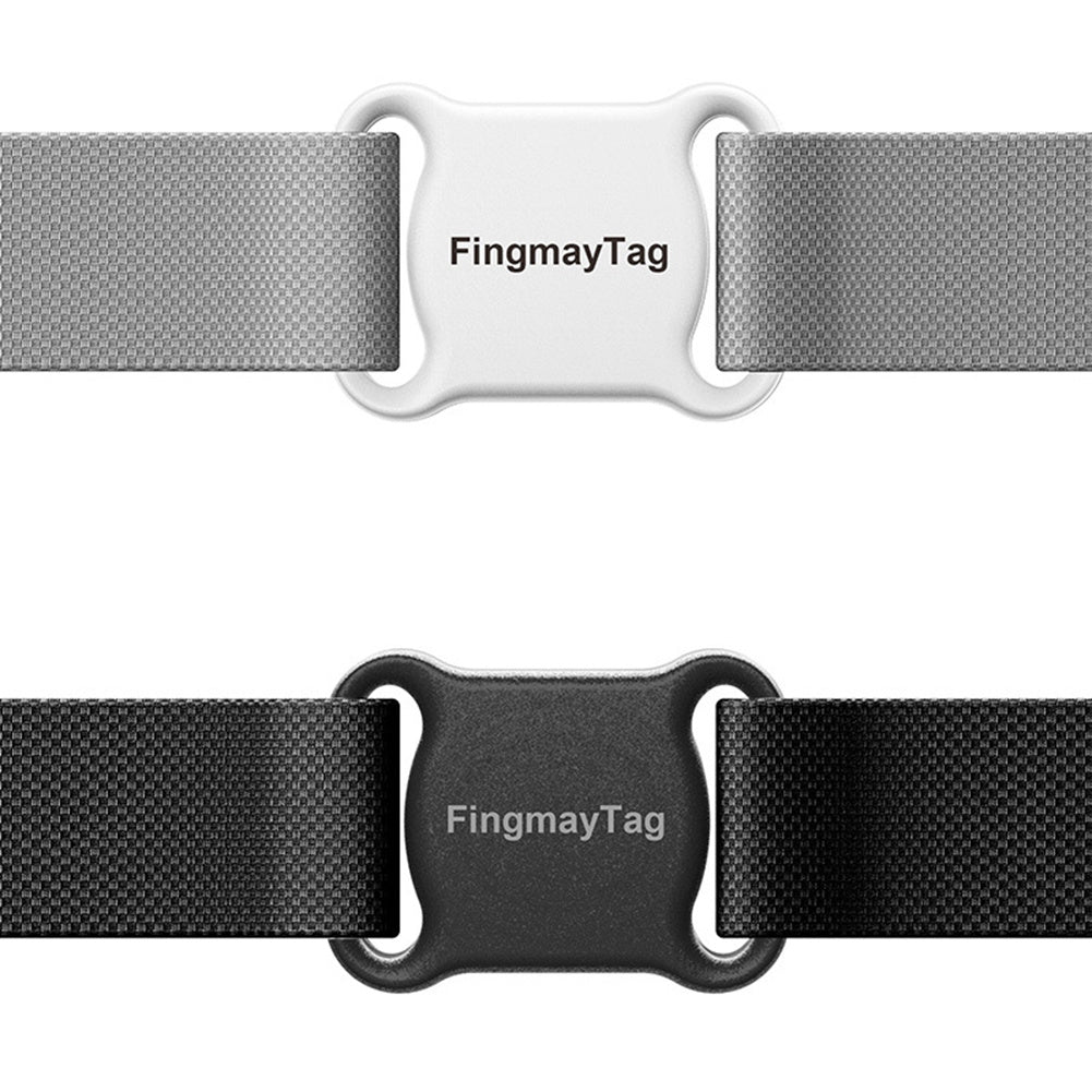 White Smart Pet GPS Locator by FingmayTag attached to a grey pet collar. Lightweight ABS design, 10g, 45x33mm for real-time pet tracking.