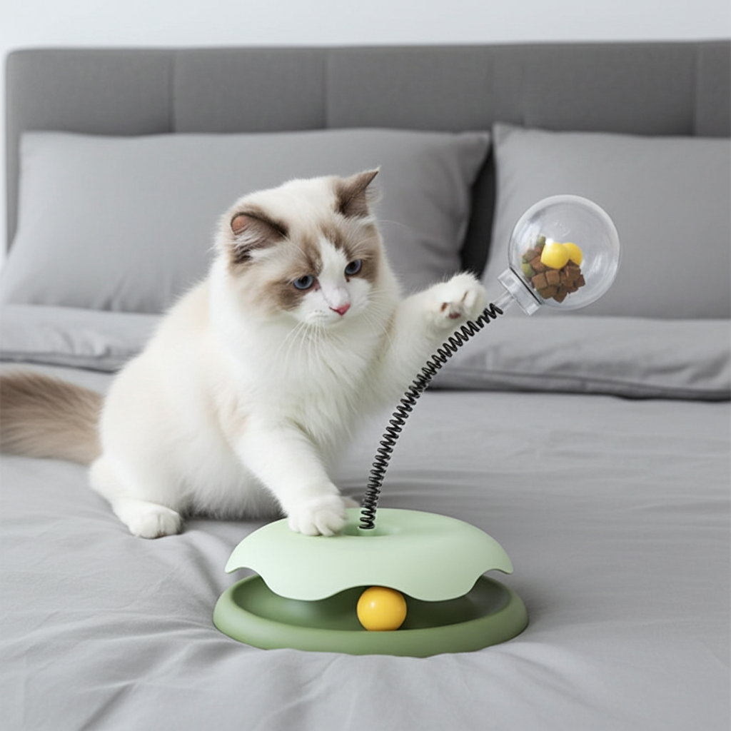 2-in-1 Cat Treat Dispenser - Turntable Ball Toy with Spring