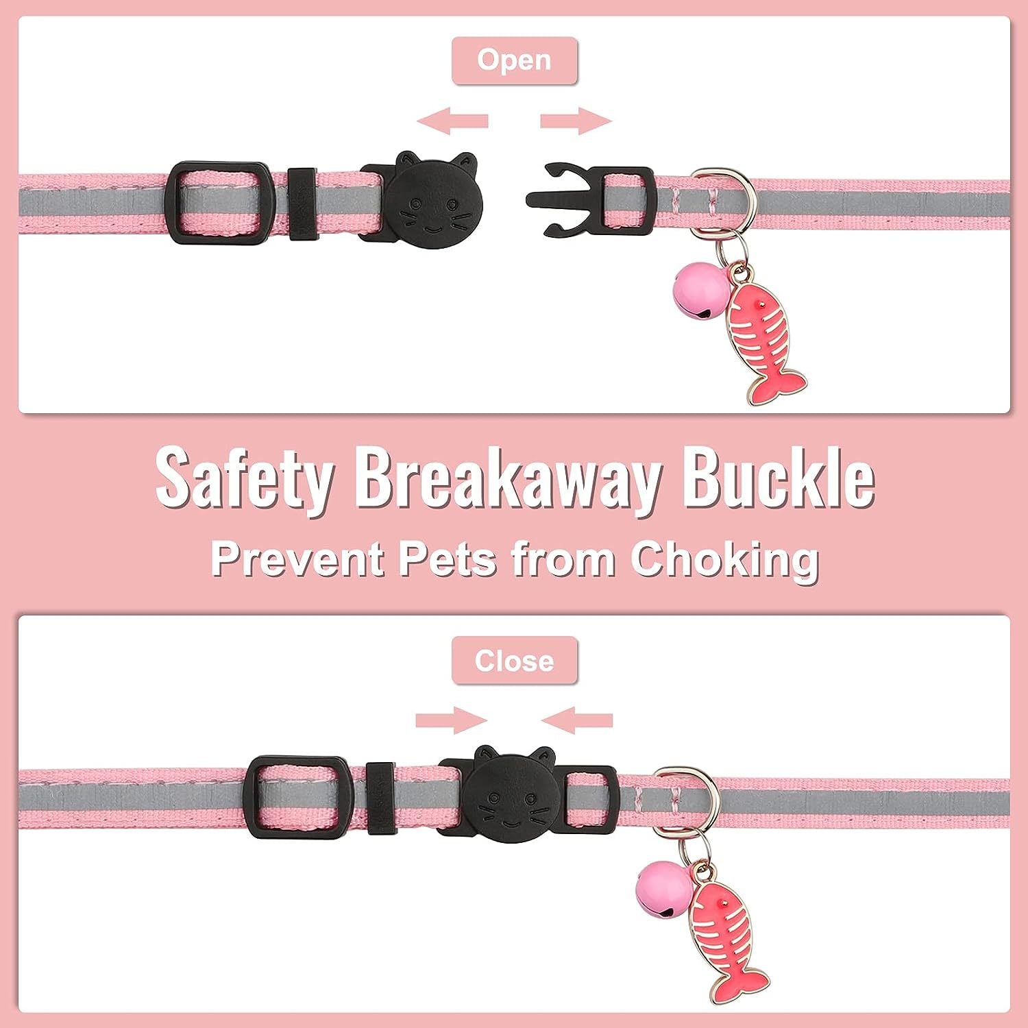 Pet collar with safety breakaway buckle and fish charm on a pink background
