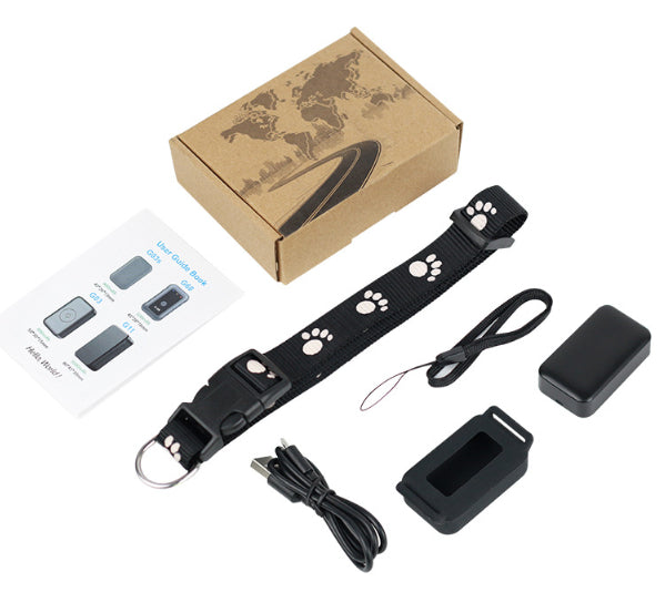 Pet tracking device with packaging and accessories on a white background