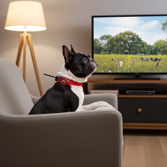 Dog sitting on a couch watching TV in a living room