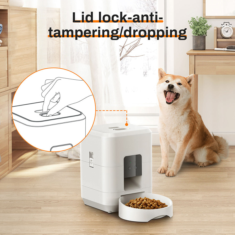 Pet food dispenser with a dog sitting next to it, featuring lid lock anti-tampering/dropping feature.