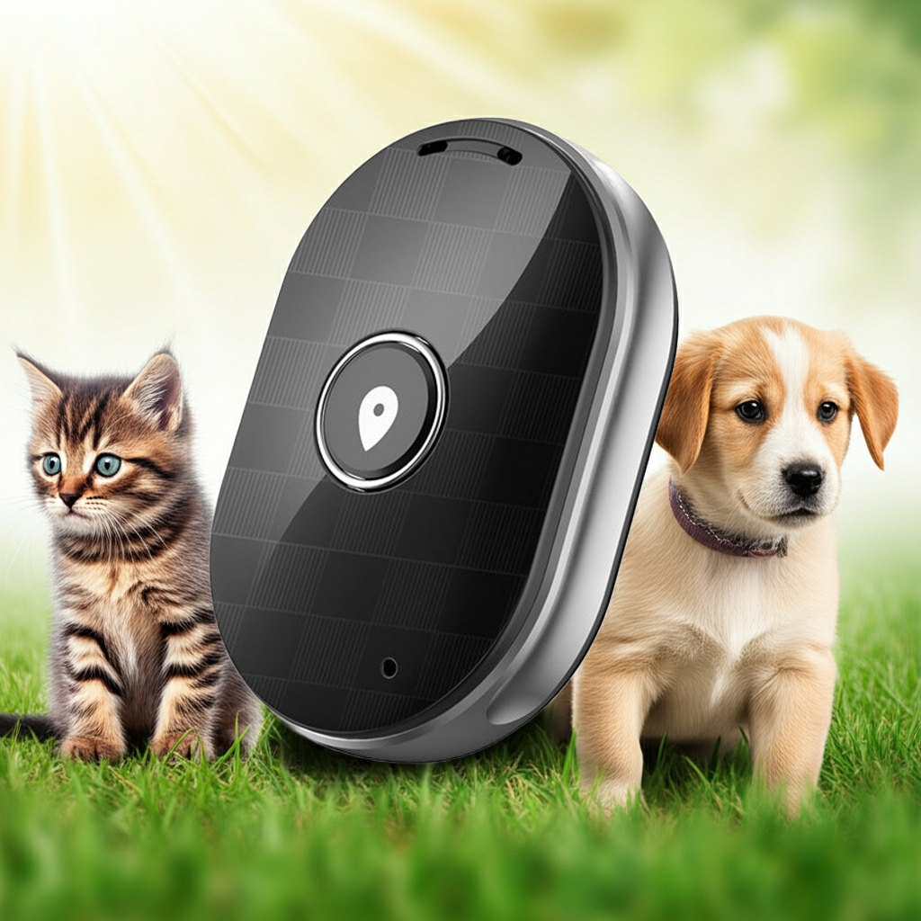 Pet tracker device with a cat and dog on grass