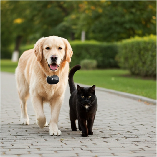 Dog and black cat walking together on a paved path with greenery in the background