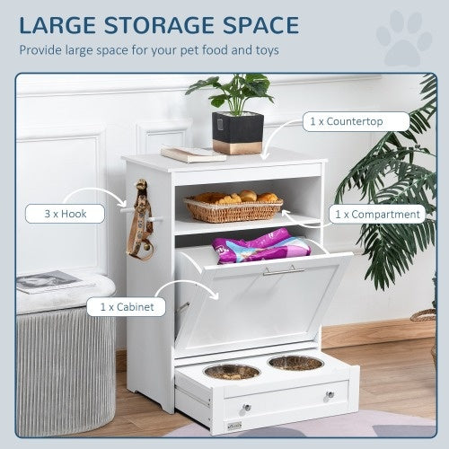 White pet furniture with storage compartments and pet accessories on a wooden floor.