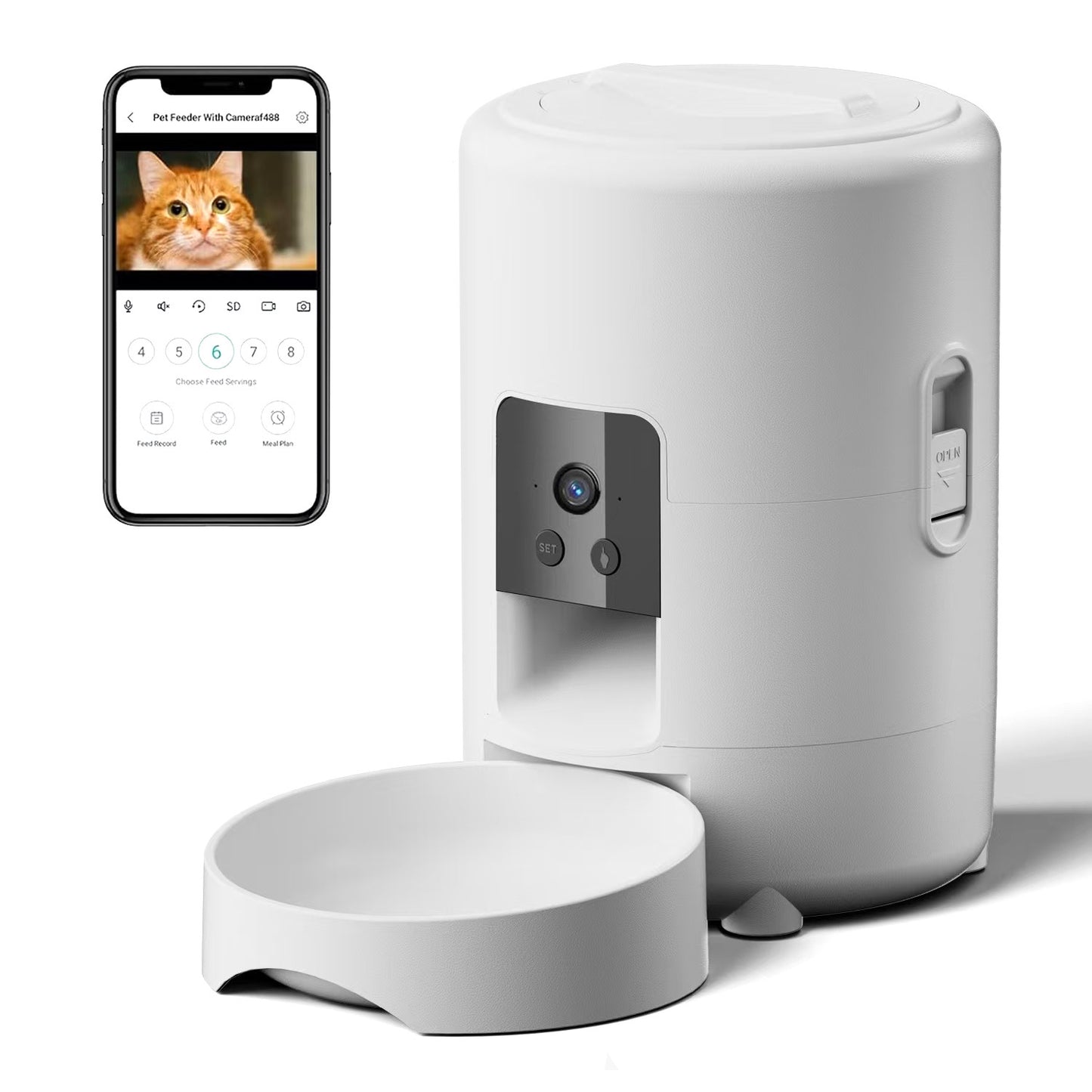 White pet feeder with smartphone app interface on a white background