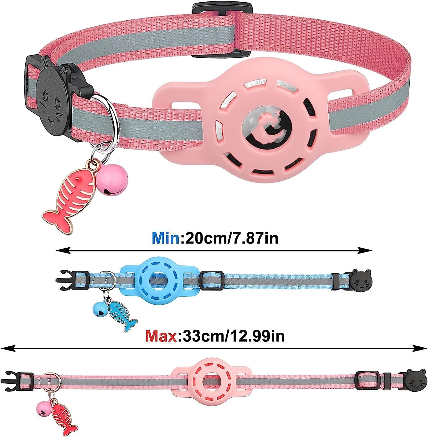 Pink and gray dog collar with fish charm and measurement chart on a white background