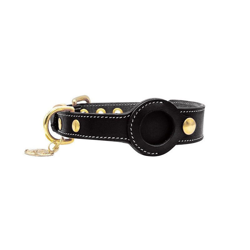 Black leather collar with gold accents on a white background
