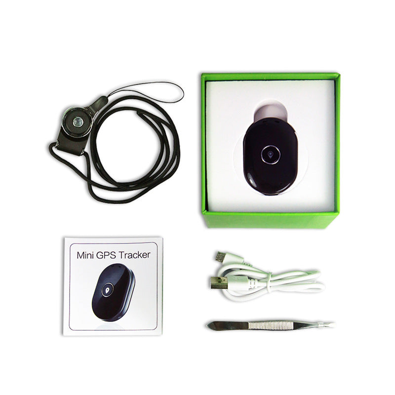 Mini GPS tracker with packaging, lanyard, and tools on a white background