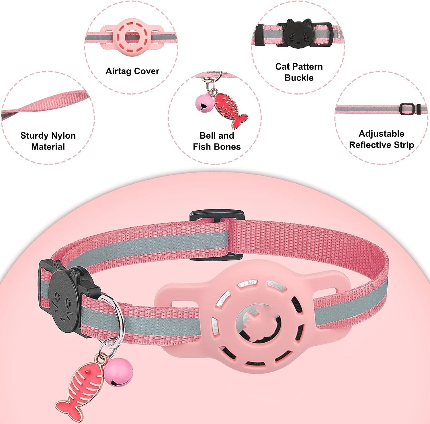 Pink dog collar with bell and fish bone charm on a pink background