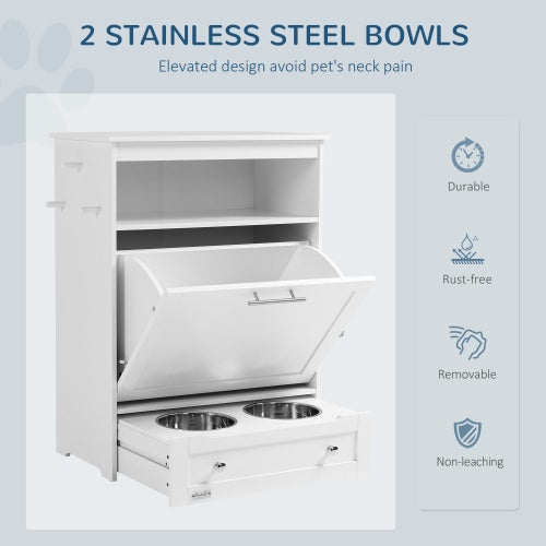 Pet feeding station with two stainless steel bowls, elevated design, on a light gray background.