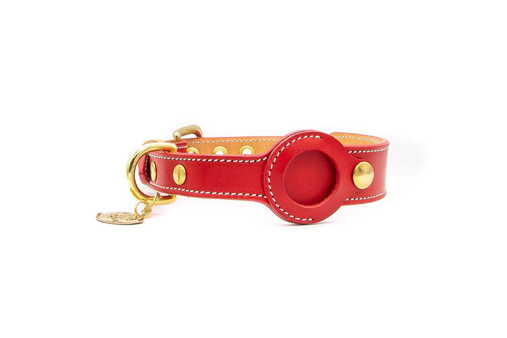Red leather dog collar with gold hardware on a white background