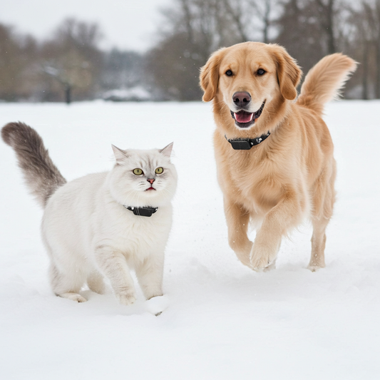 Cat and dog standing in the snow